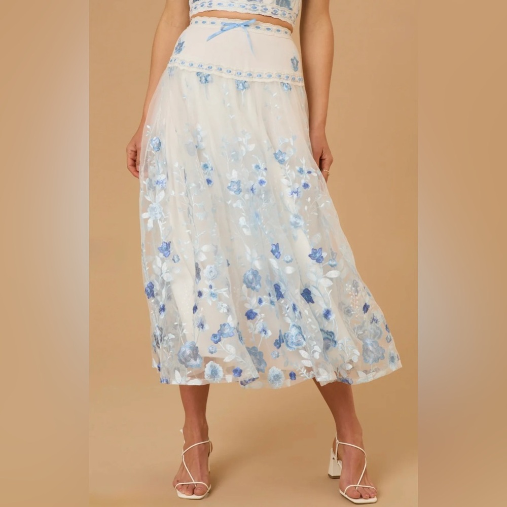 Altar'd State Braxlin Embroidered Blue Floral Midi Skirt